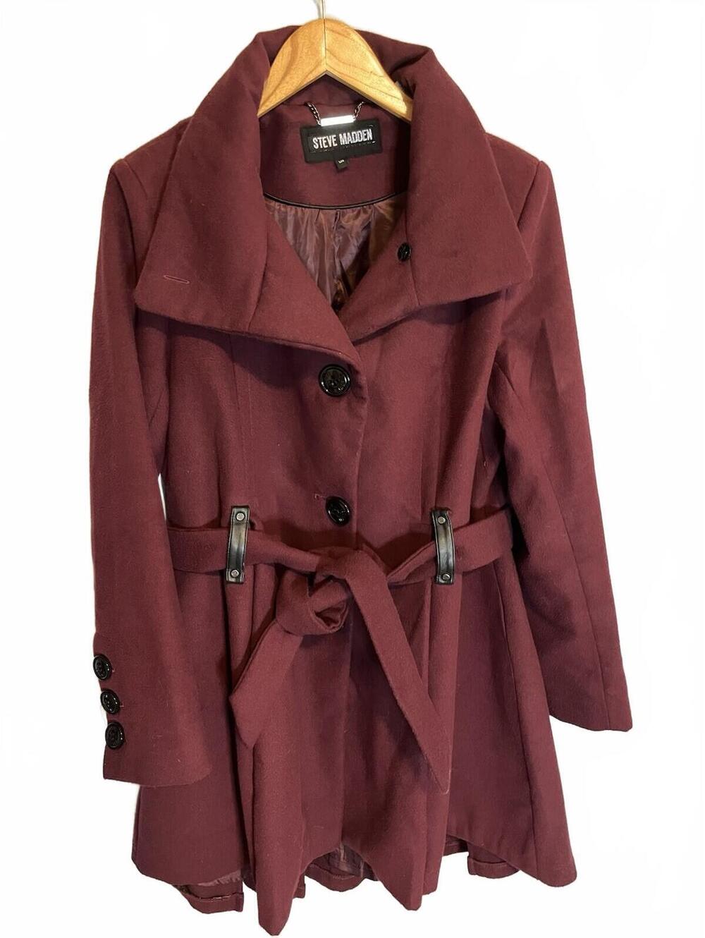 STEVE MADDEN DRAMA COAT IN MERLOT Burgundy L Funnel Neck Steampunk Unique